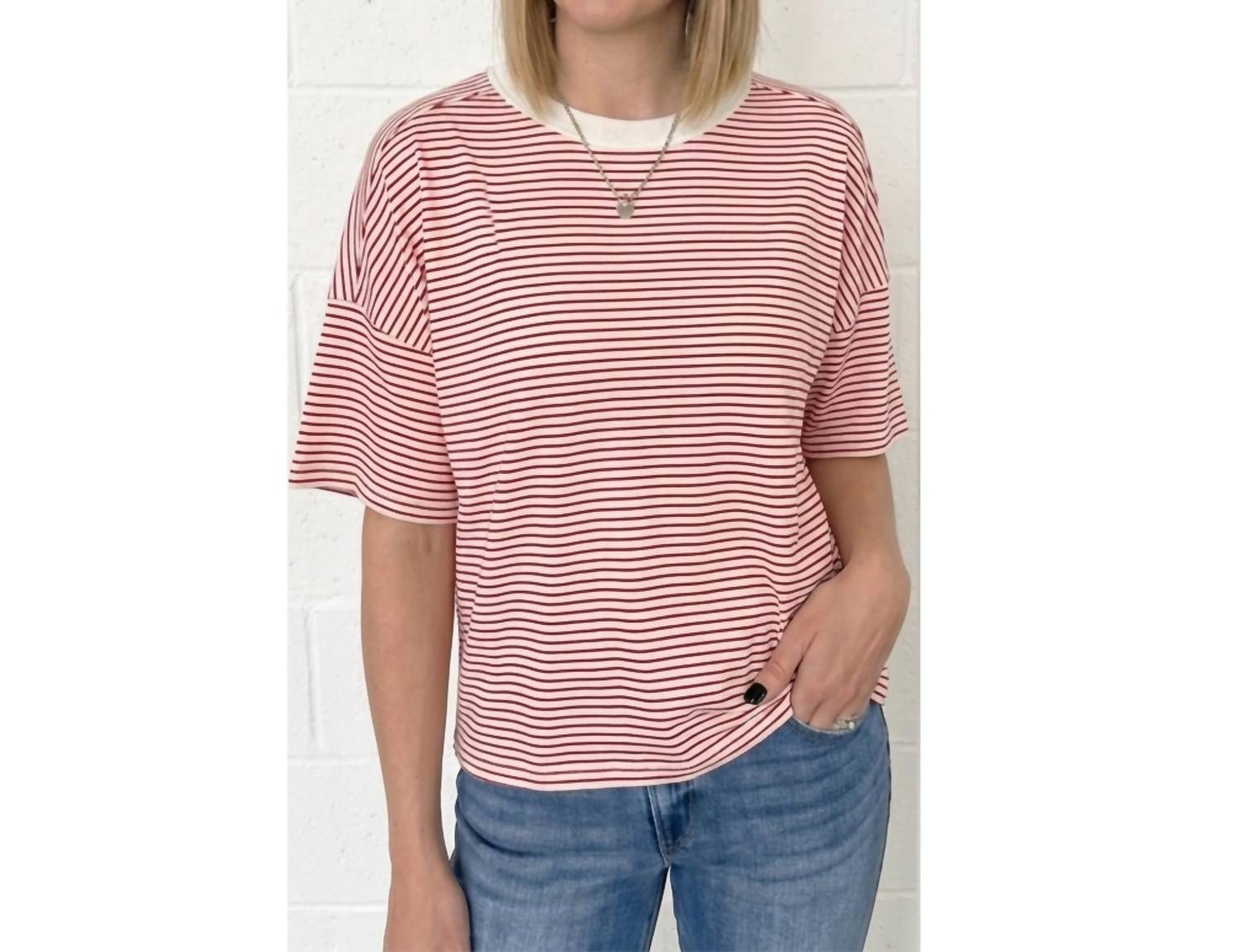 LA MIEL Coastal Shoreline Boxy Tee in red summer stripe - women's t-shirt