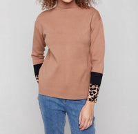Charlie B - Mock Neck Sweater With Animal Print Sleeve Details