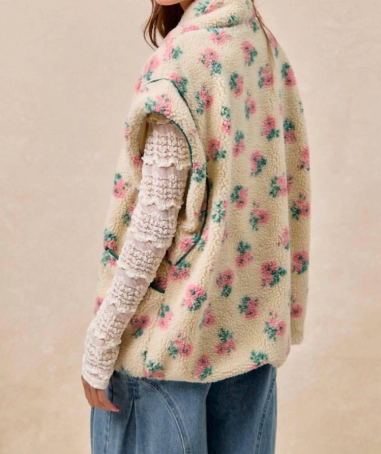 Bibi - Floral Print Drop Shoulder Fleece Vest With Patch Pockets