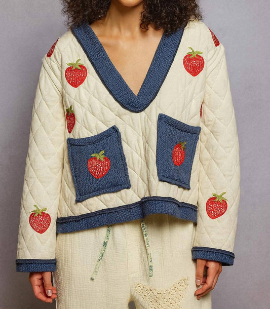 Pol - Embroidered Strawberry Quilted Pullover Top