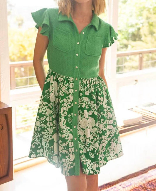 Voy - Georgina Floral Print Tweed Collared Dress