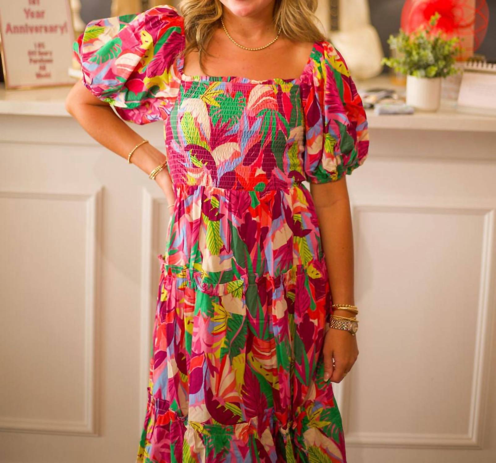 PINCH Square Neck Midi Dress in pink multi - women's dress - alternate view
