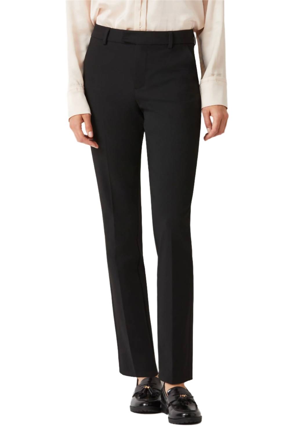 Ecru - Women's Mid Waist Hook Button Zip Closure Belt Hoop Straight Solid Crepe Pants