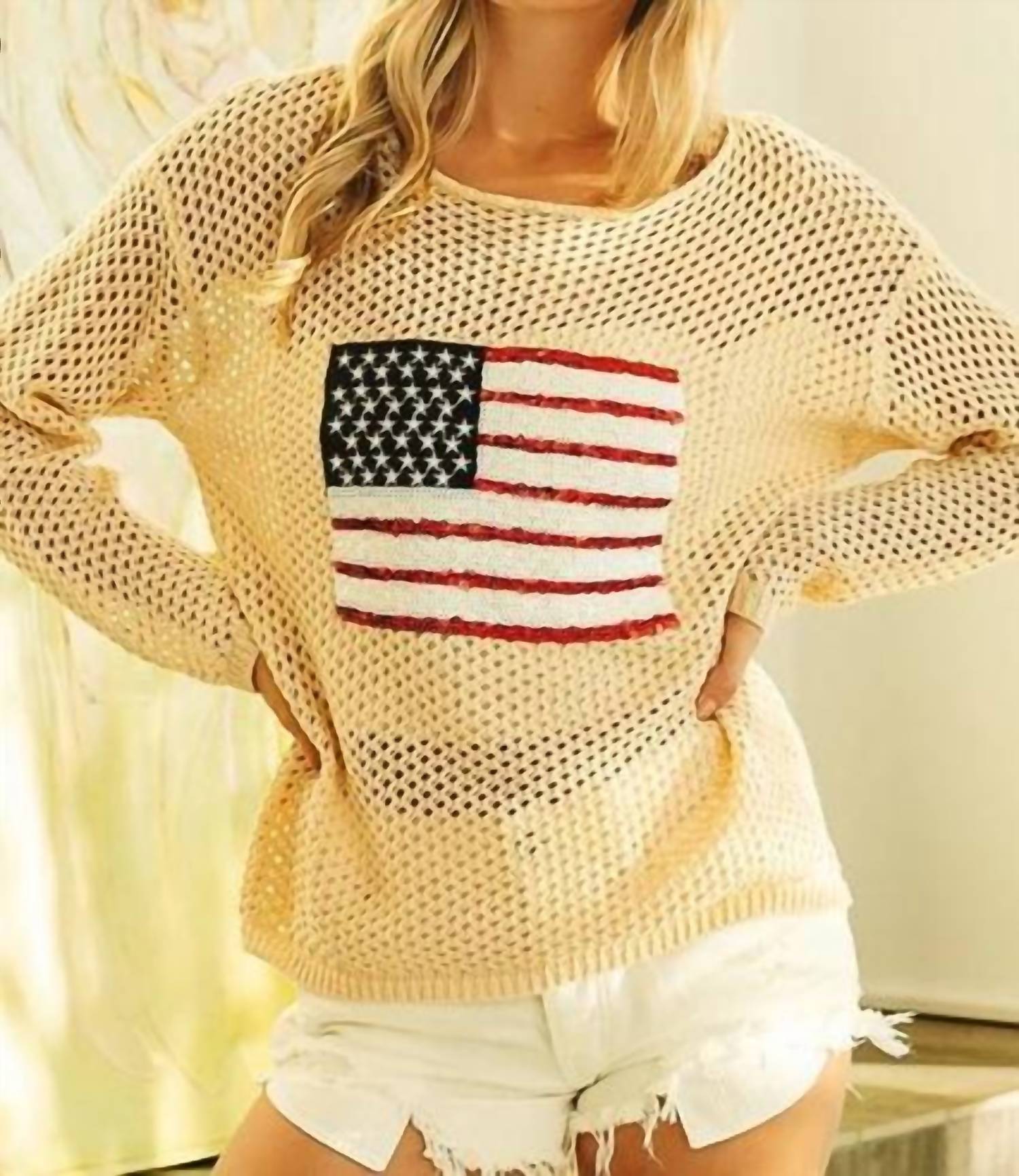 Bibi - Sequin American Flag Patch Cover Up Tee