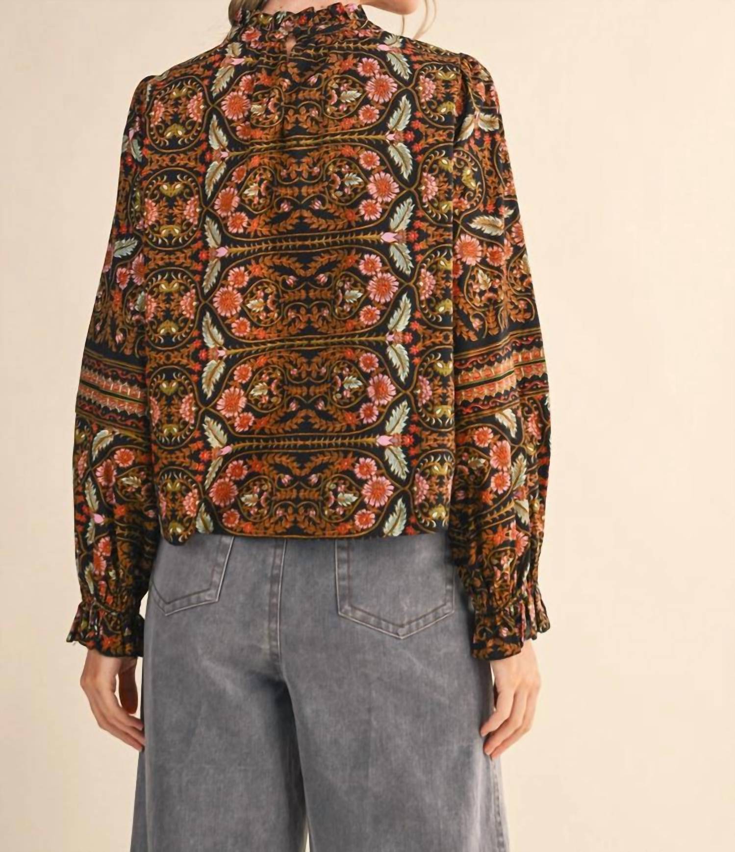 &merci Ruffle Collar Floral Botanical Blouse in black border print - women's blouse - alternate view