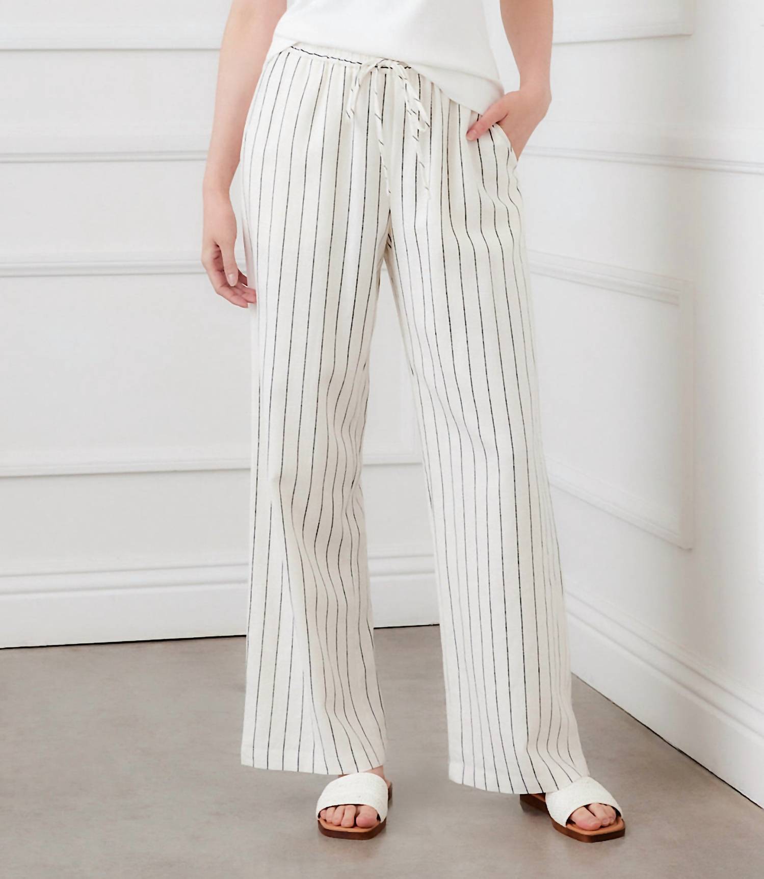 Karen Kane Linen Blend Stripe Drawstring Pants in cream and black - women's pants - view 6