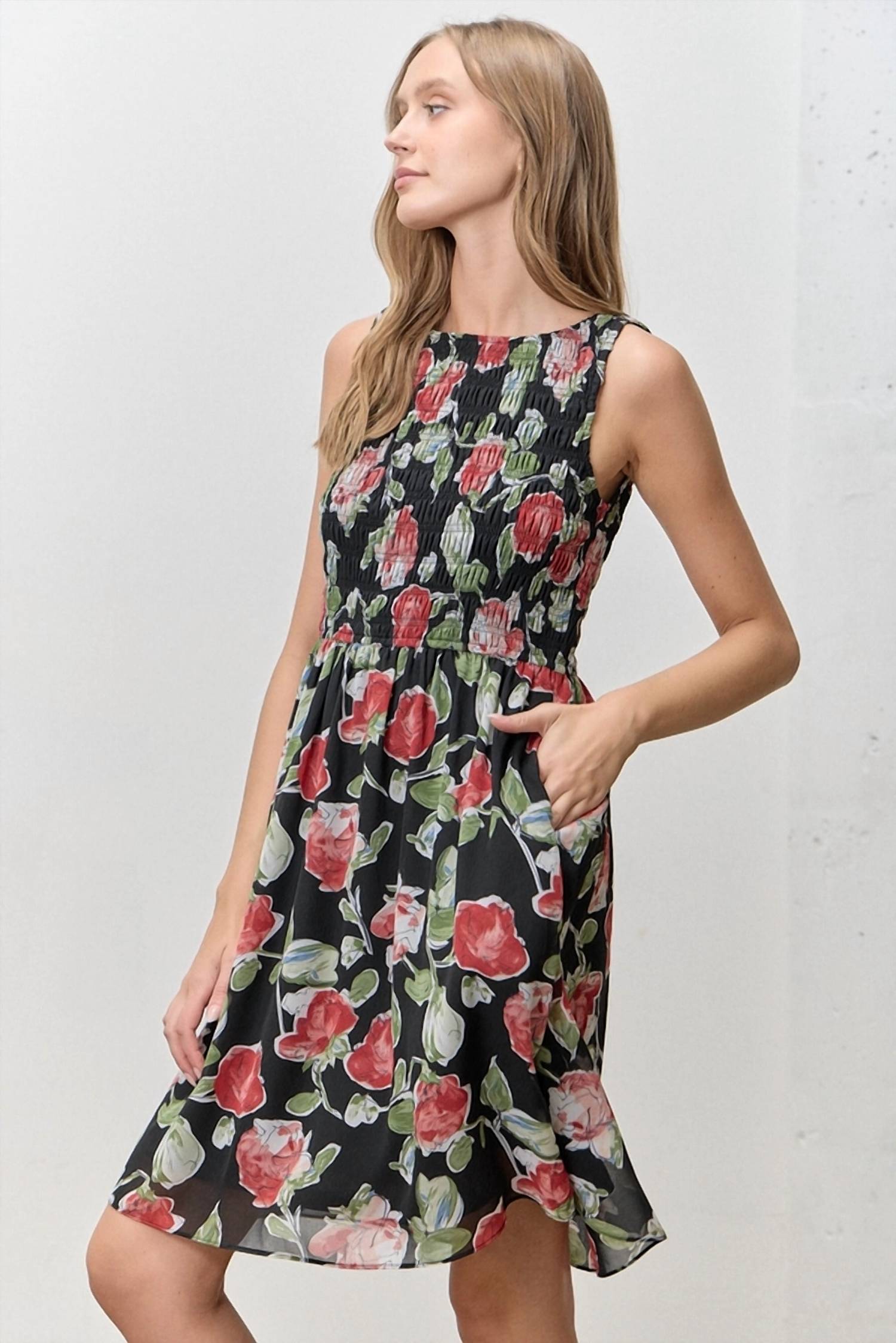 Polagram - Smocked Floral Print Mini Dress