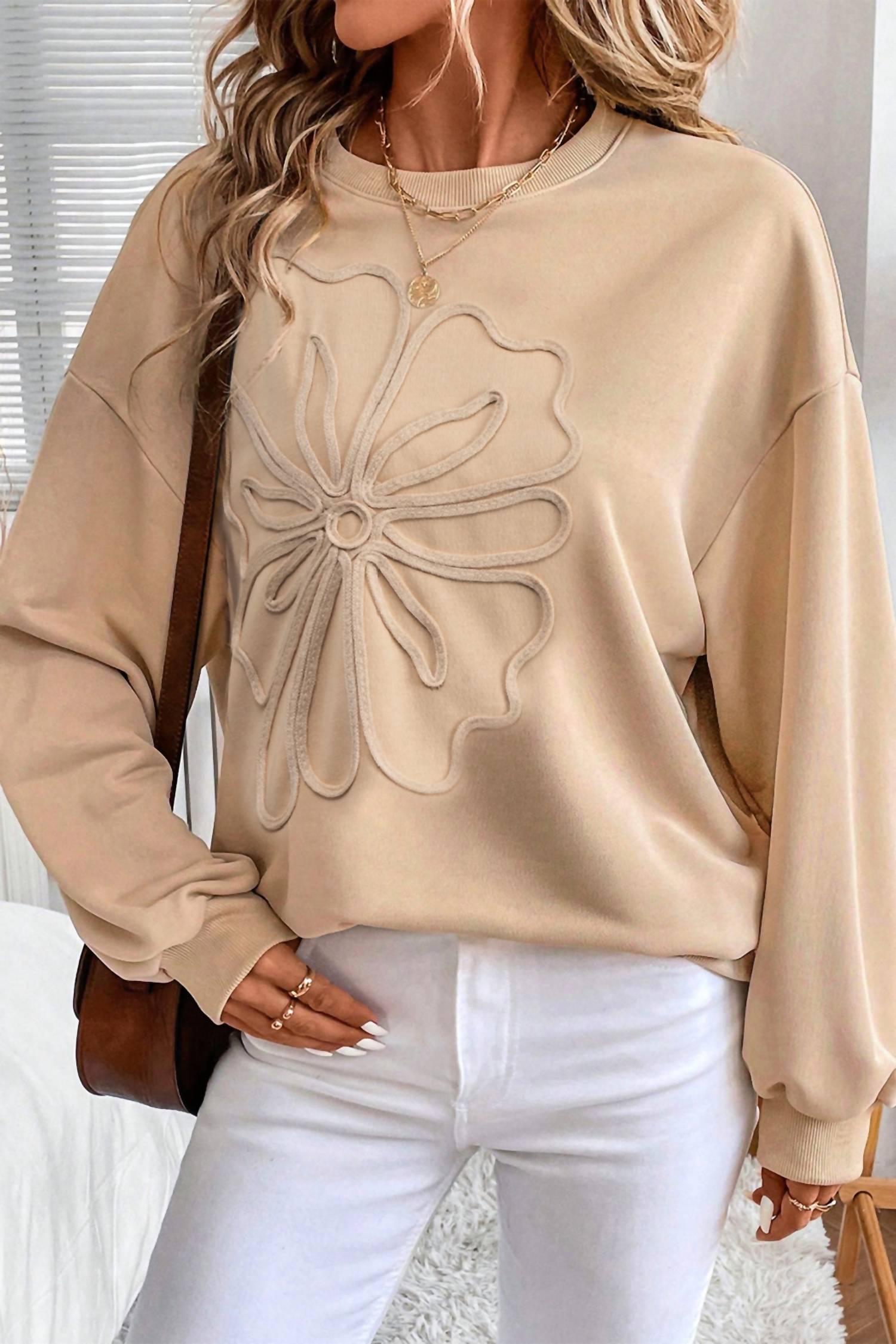 dear lover Floral Embroidered Drop Shoulder Sweatshirt in dusty pink - women's top