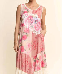 Davi & Dani - Women's Print Flower Patchwork Lace Tiered Dress