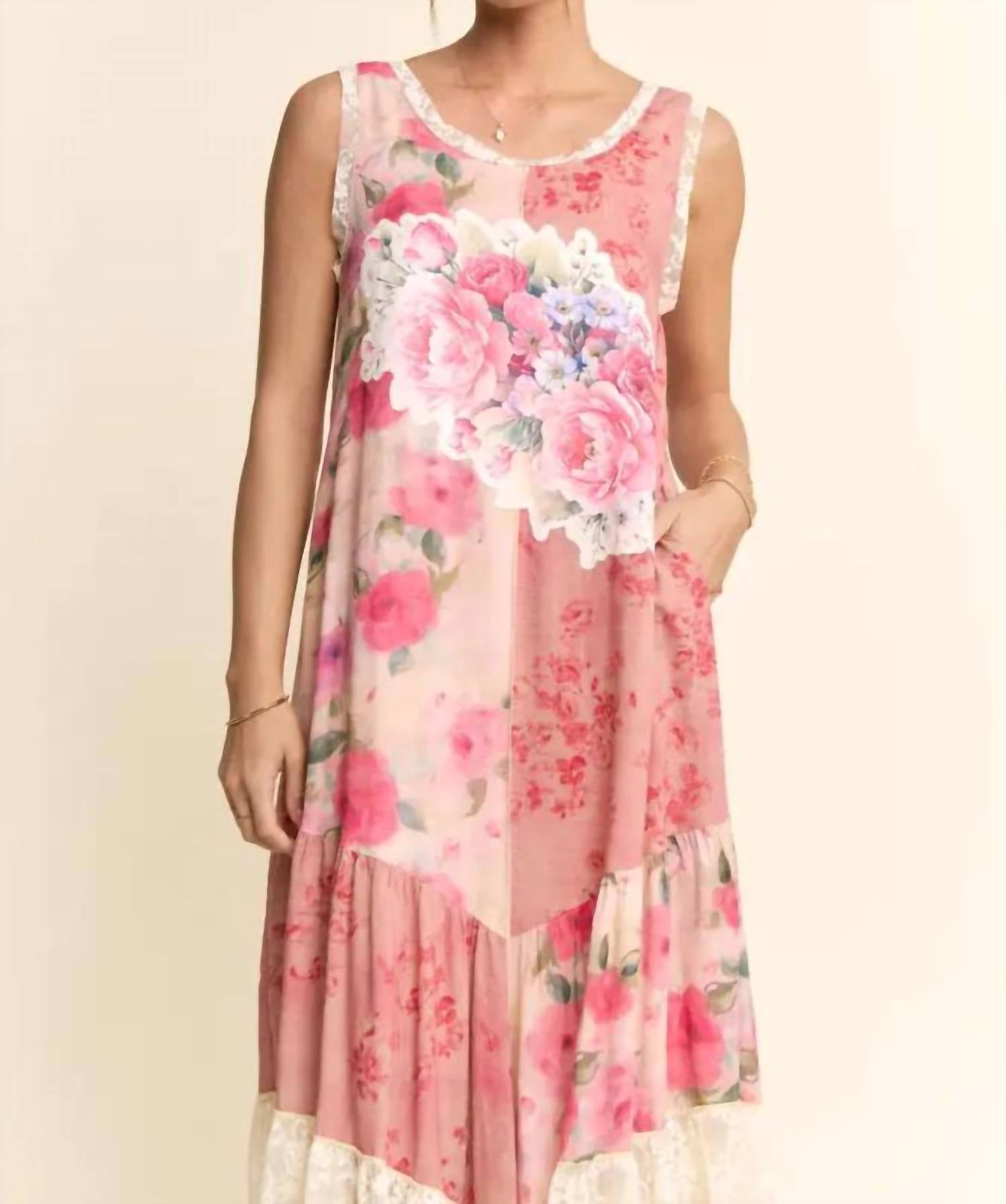 Davi & Dani - Women's Print Flower Patchwork Lace Tiered Dress