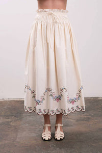 Moon River - Embroidered Eyelet Floral Hem Midi Skirt