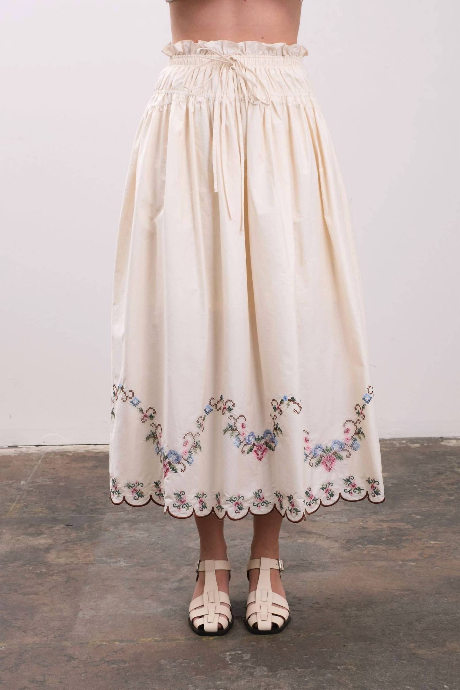 Moon River - Embroidered Eyelet Floral Hem Midi Skirt
