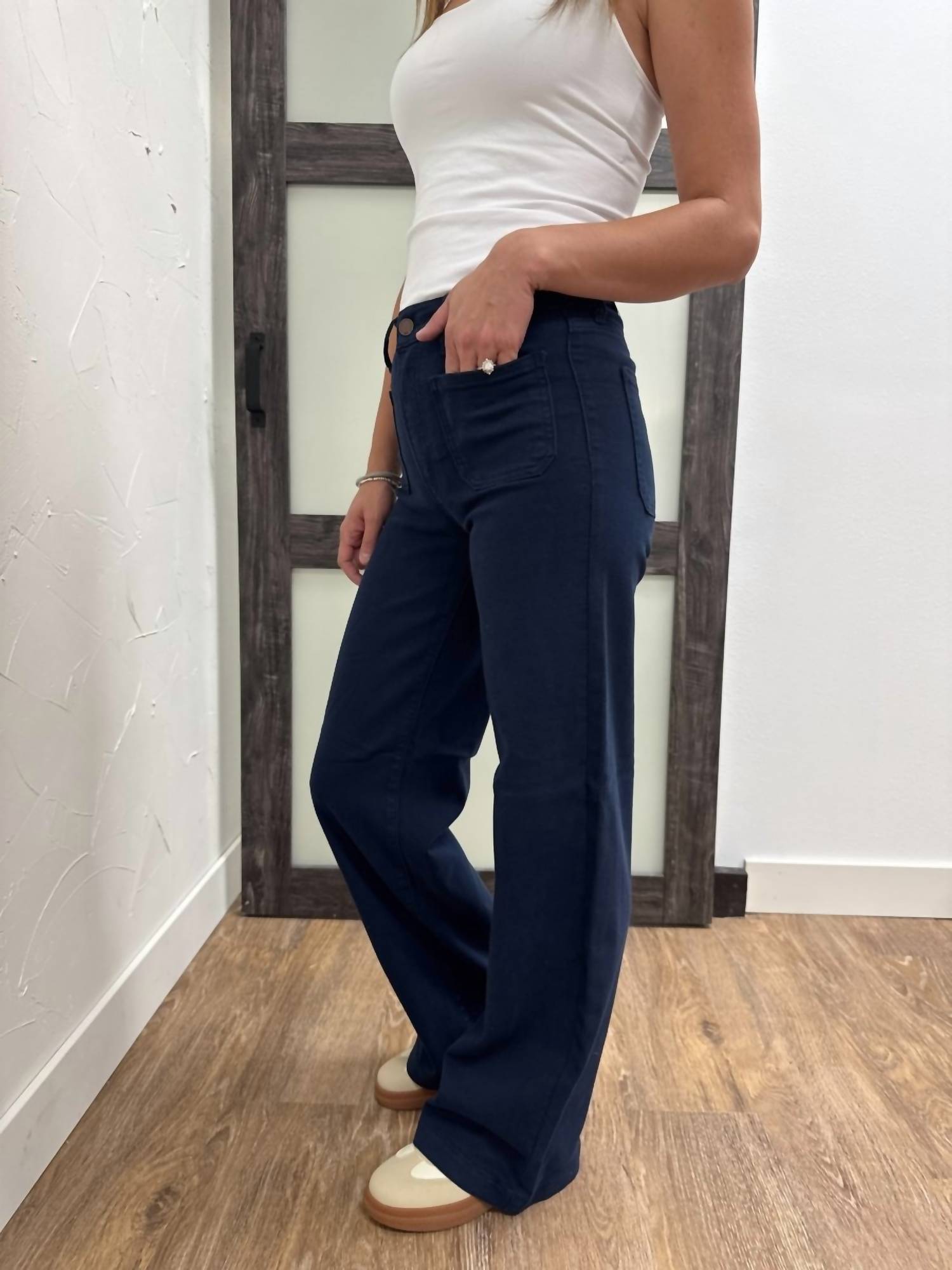 VERVET BY FLYING MONKEY Mini Patch Pocket Wide Leg Jean in navy - women's jeans - detail view