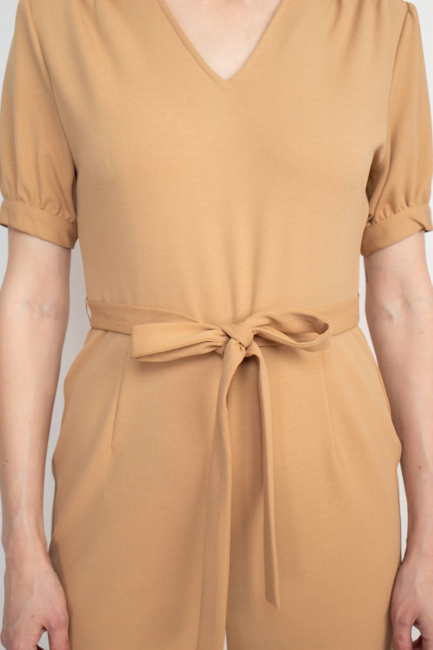 Nanette Lepore - V-neck Short Sleeve Tie Waist Solid Jumpsuit