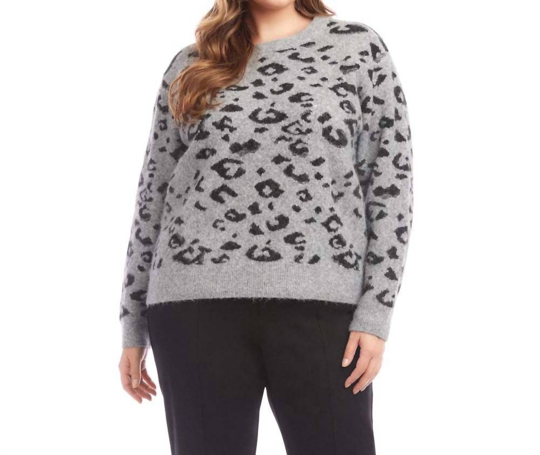 Karen Kane Metallic Animal Print Crewneck Sweater - Plus in gray with black - women's sweater
