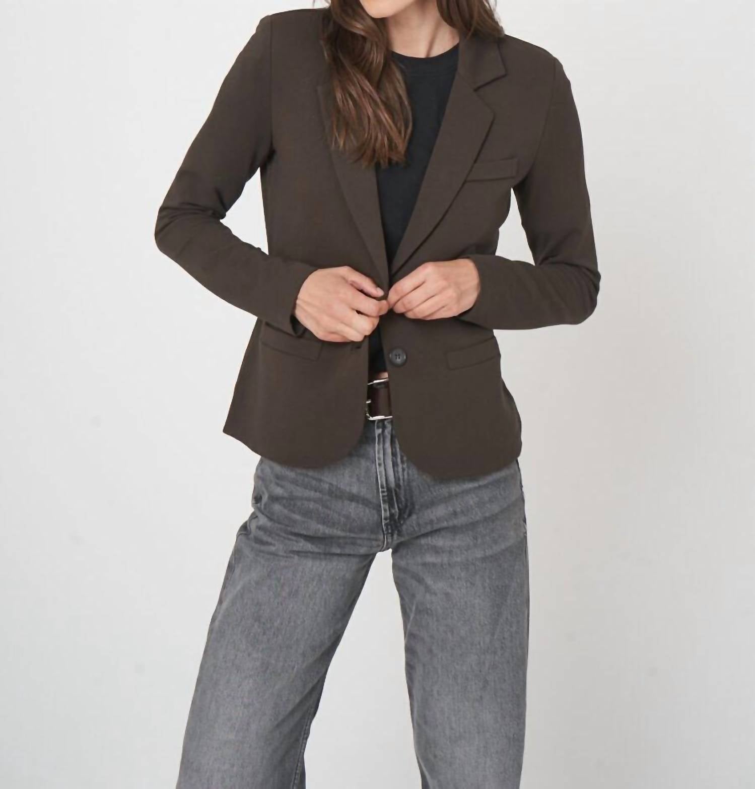 REPEAT cashmere Lady's Knit Blazer in dark brown - women's jacket - detail view