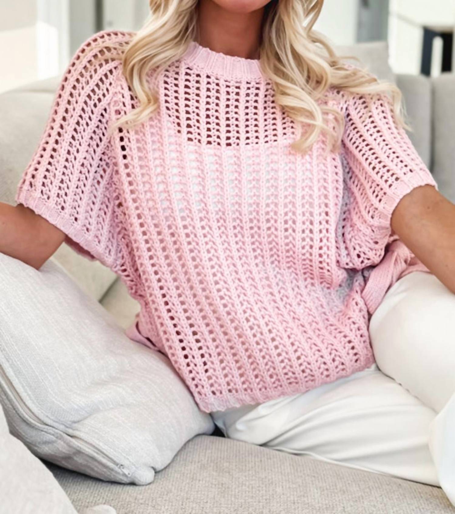 Shewin - Side Tie Crochet Knit Top