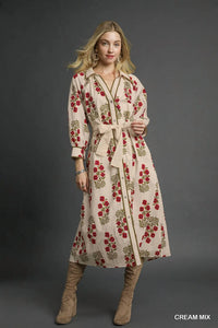 Umgee - Floral Button-front Maxi Shirt Dress With Waist Tie