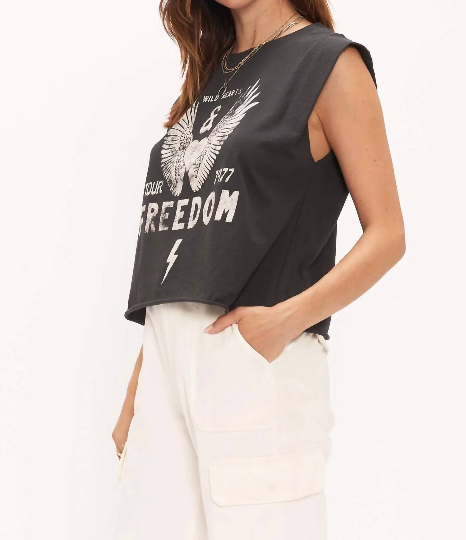 PROJECT SOCIAL T Freedom Muscle Tank Top in black - women's tank top - detail view