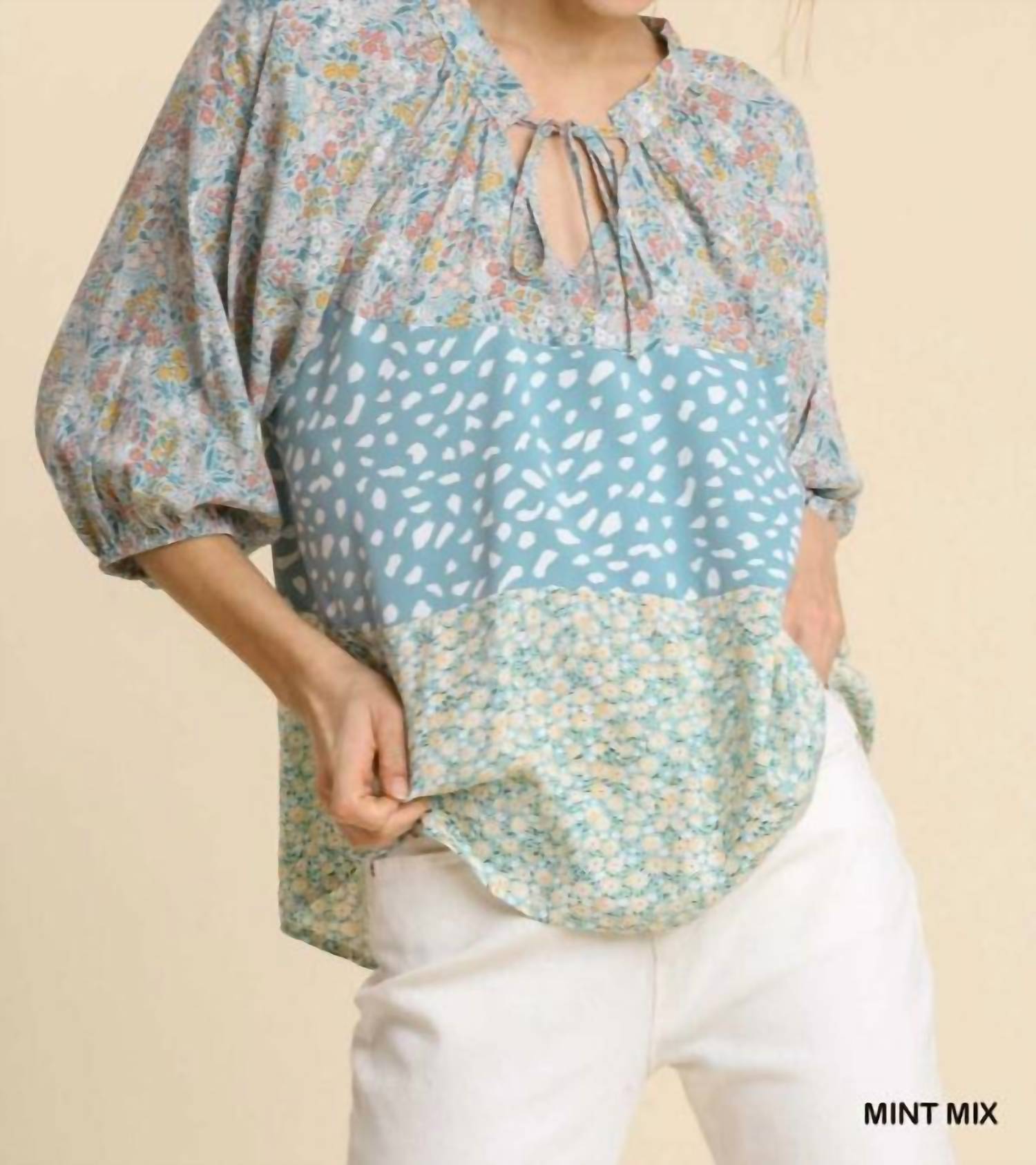Umgee - Mixed Colorblock Print Top