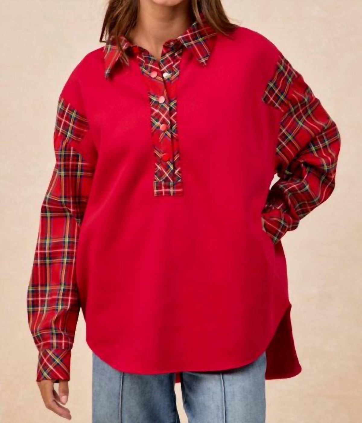 Bibi - Christmas Plaid Collared Top