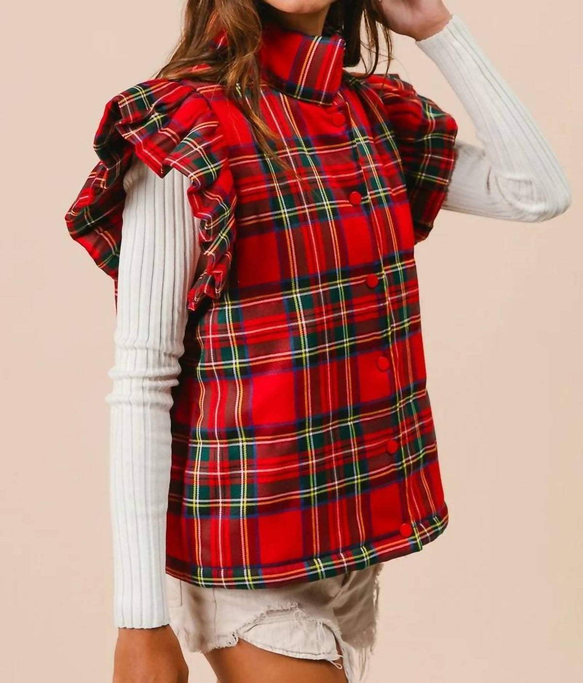 Bibi - Christmas Plaid Ruffled Puffer Vest