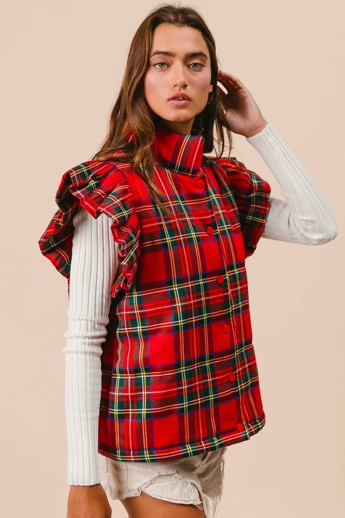 Bibi - Christmas Plaid Ruffled Puffer Vest