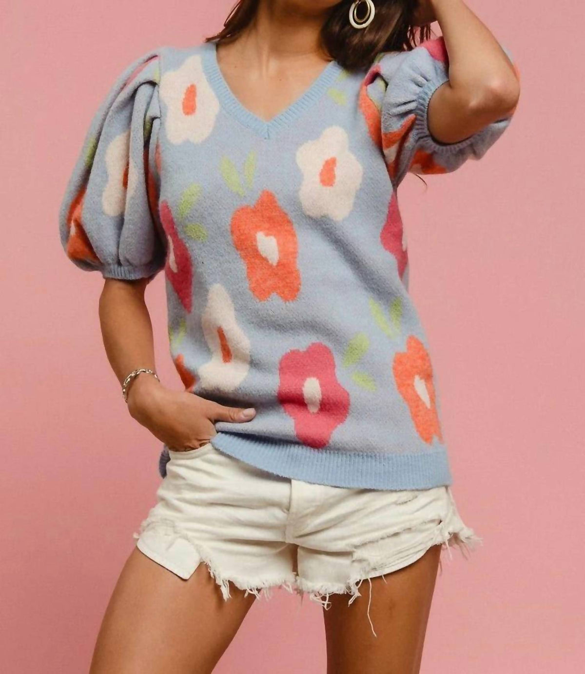 Bibi - Floral Pattern Puff Sleeves V-neck Sweater