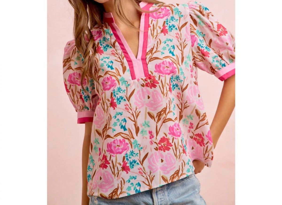 Bibi - Flower Printed Woven Contrast Top