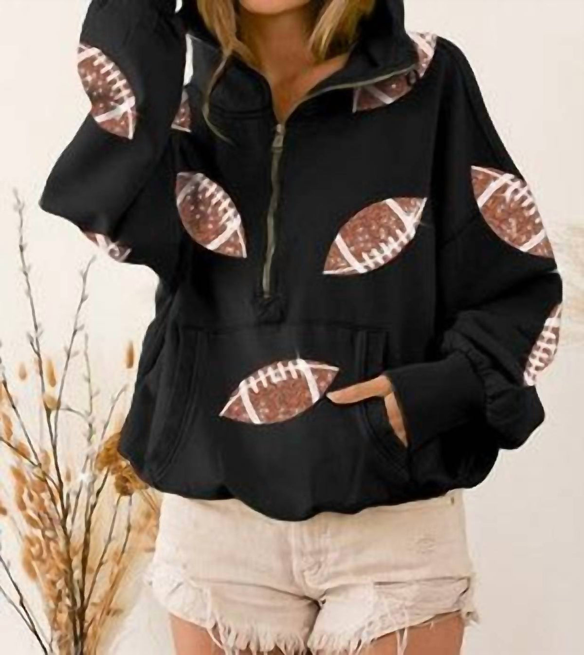 Bibi - Football Sequin Half Zip Up Hoodie