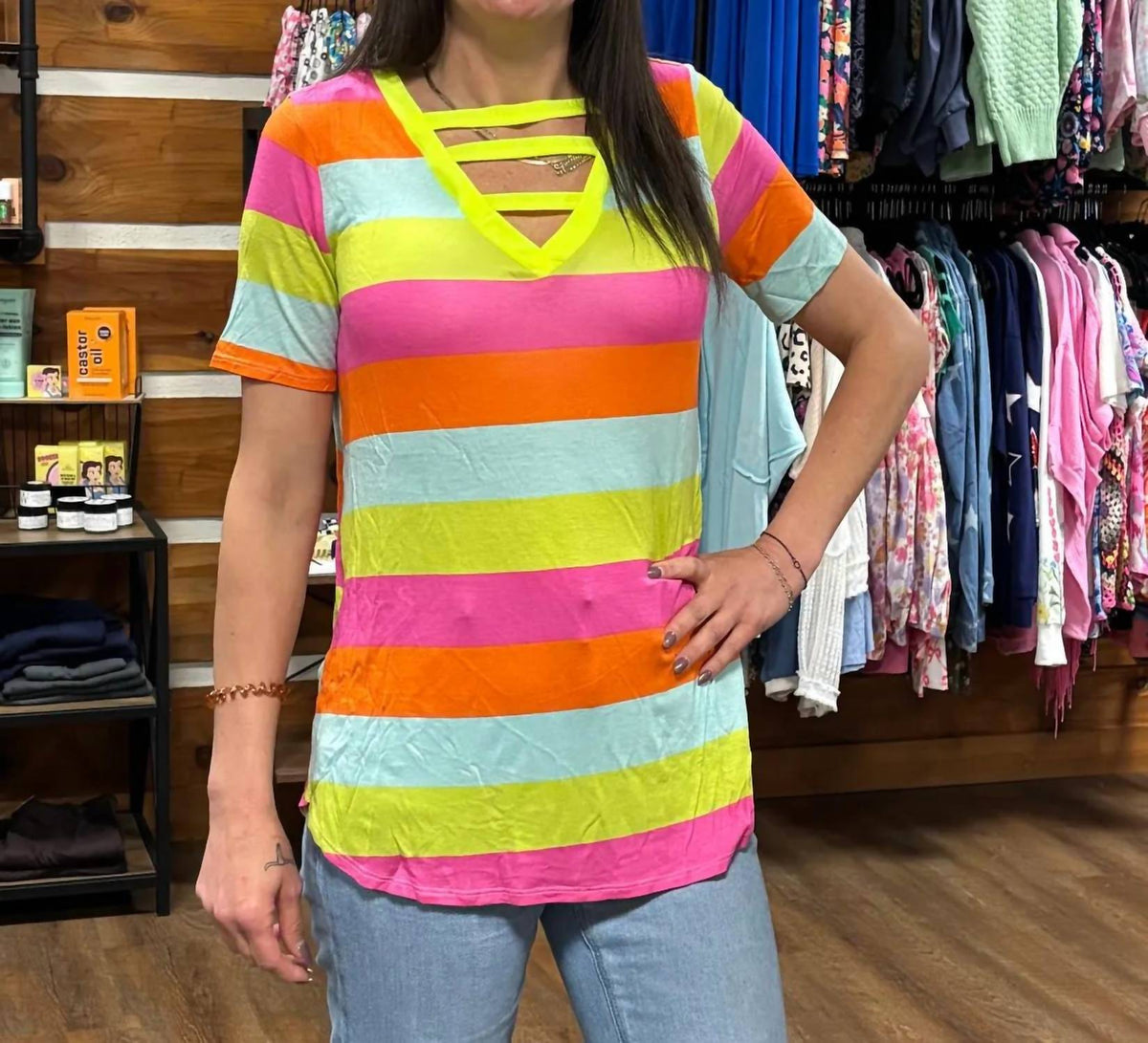 Bibi - Neon Striped V-neck Tee