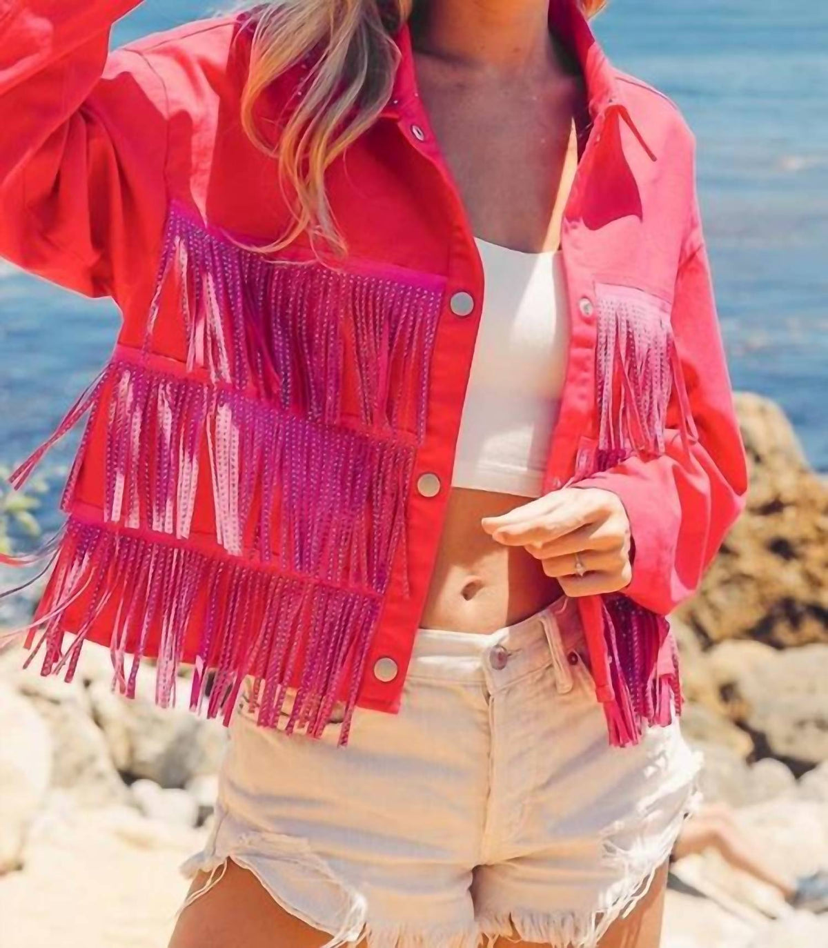 Bibi - Rhinestone Fringe Studded Jacket