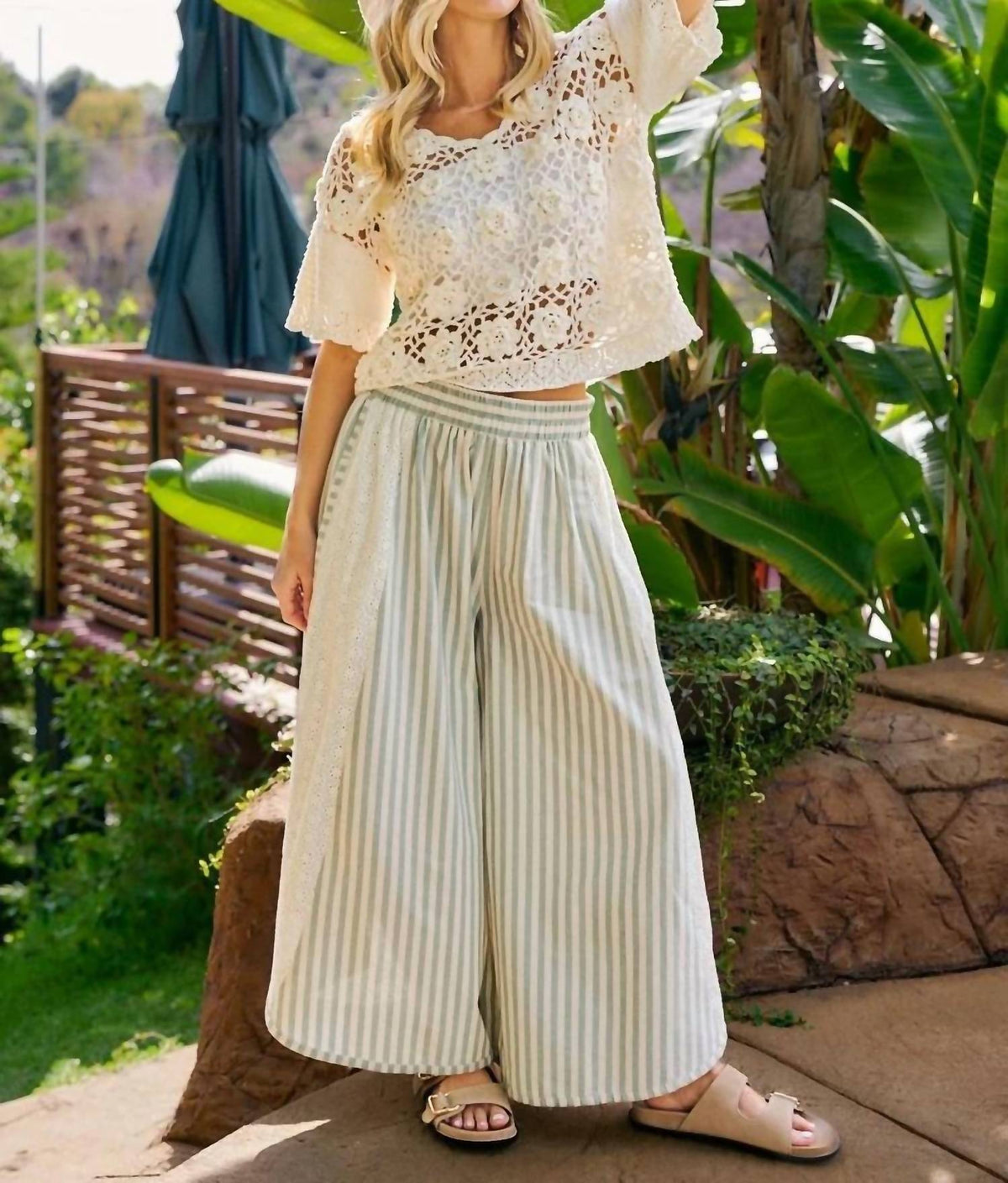 Bibi - Stripe Eyelet Side Pants