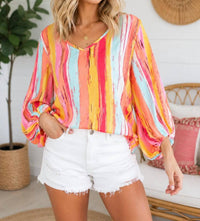 Bibi - Stripe V-neck Bubble Sleeve Top