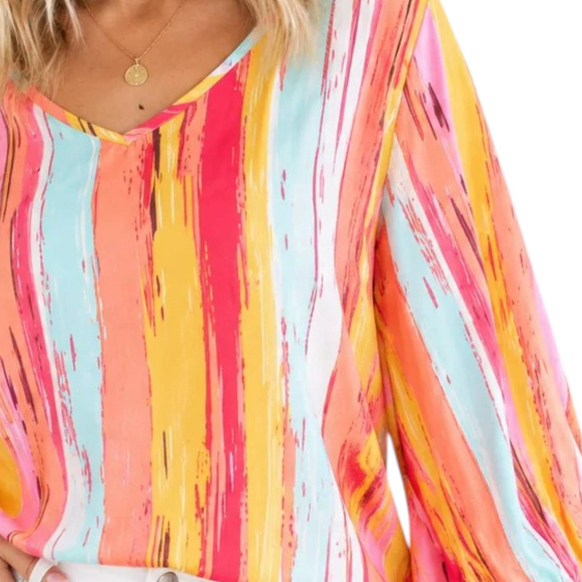 Bibi - Stripe V-neck Bubble Sleeve Top