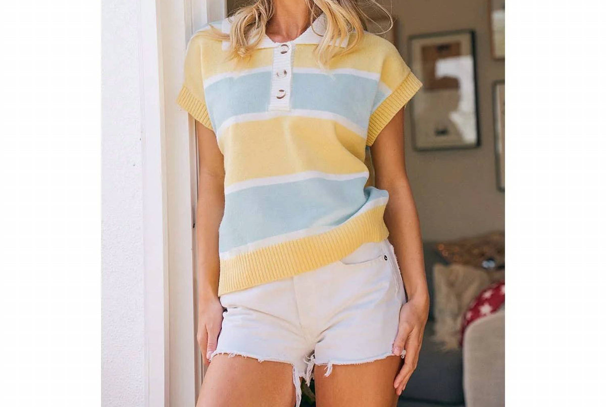 Bibi - Striped Short Sleeve Collared Top
