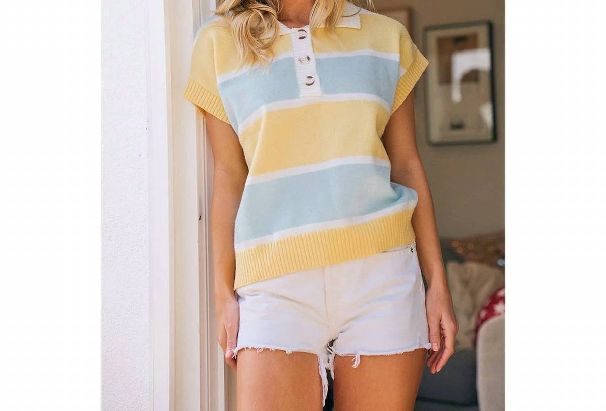 Bibi - Striped Short Sleeve Collared Top