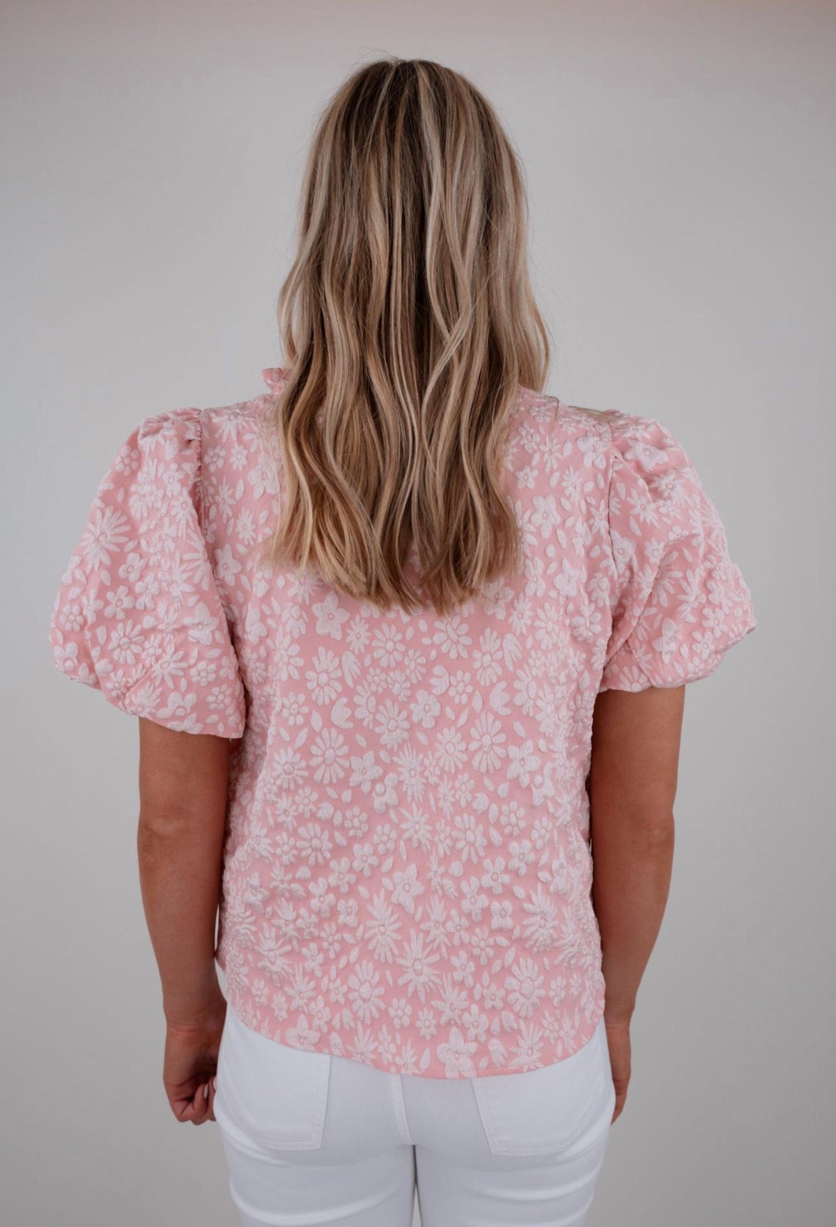 Bibi - Textured Floral Ruffle Neck Top