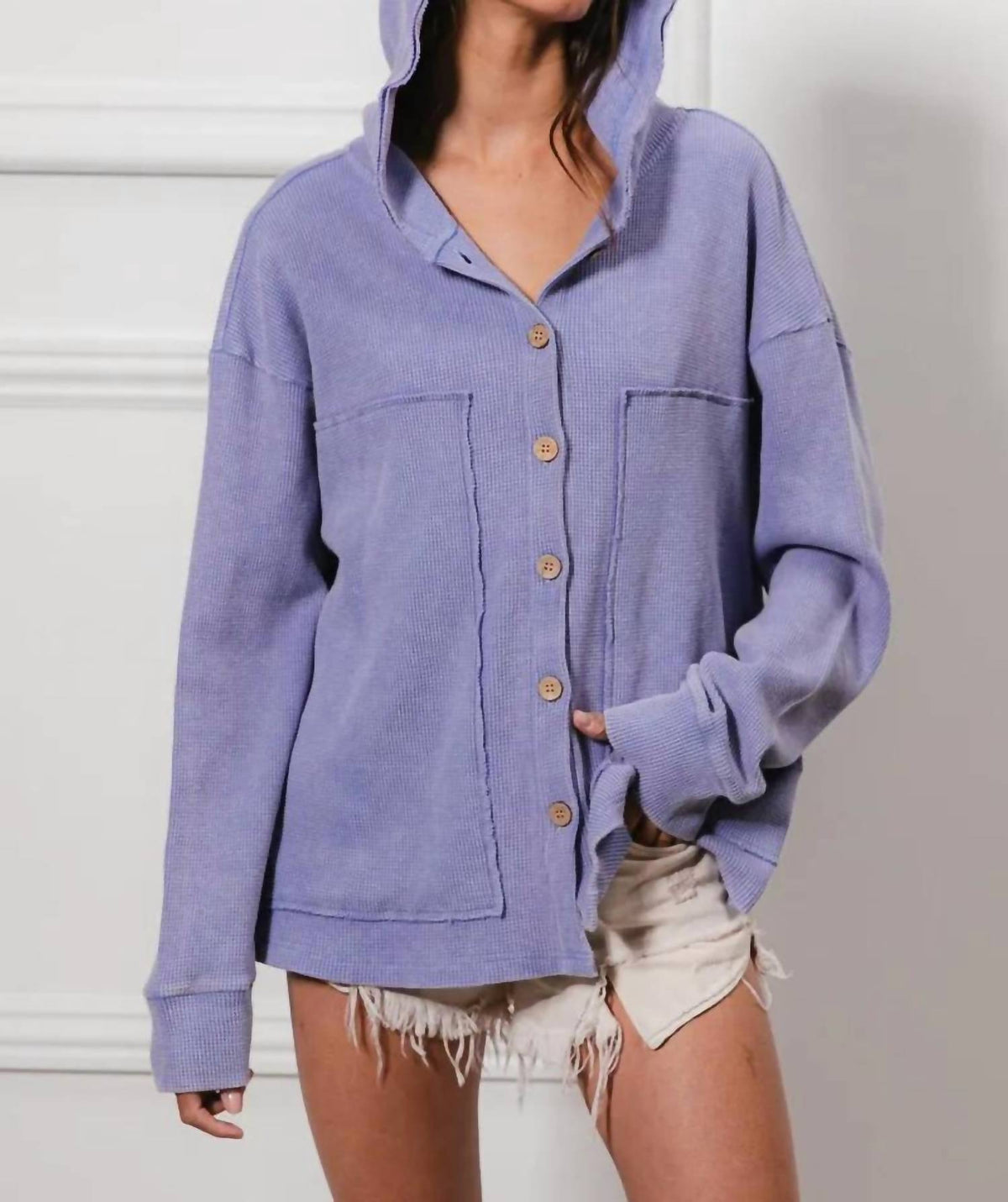 Bibi - Waffle Knit Hooded Shacket