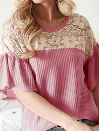 Bibi - Waffle Knit Lace Ruffled Sleeve Top