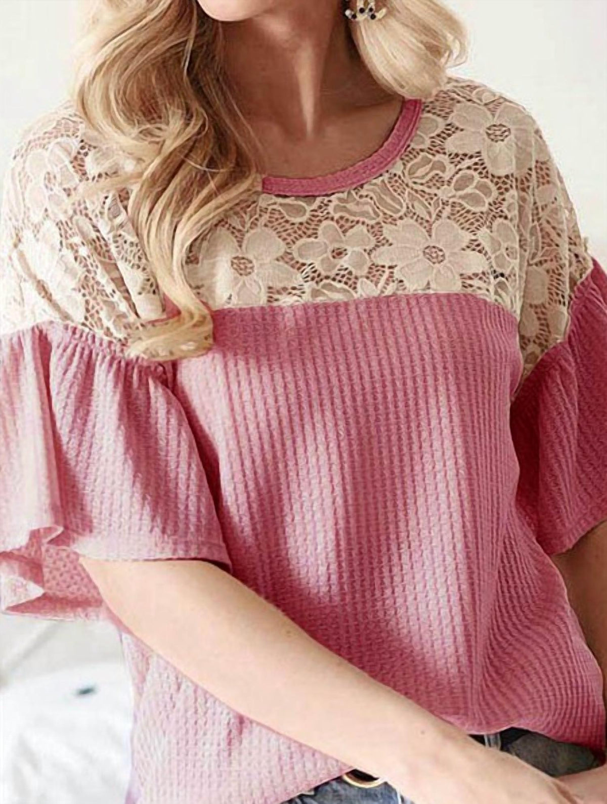 Bibi - Waffle Knit Lace Ruffled Sleeve Top