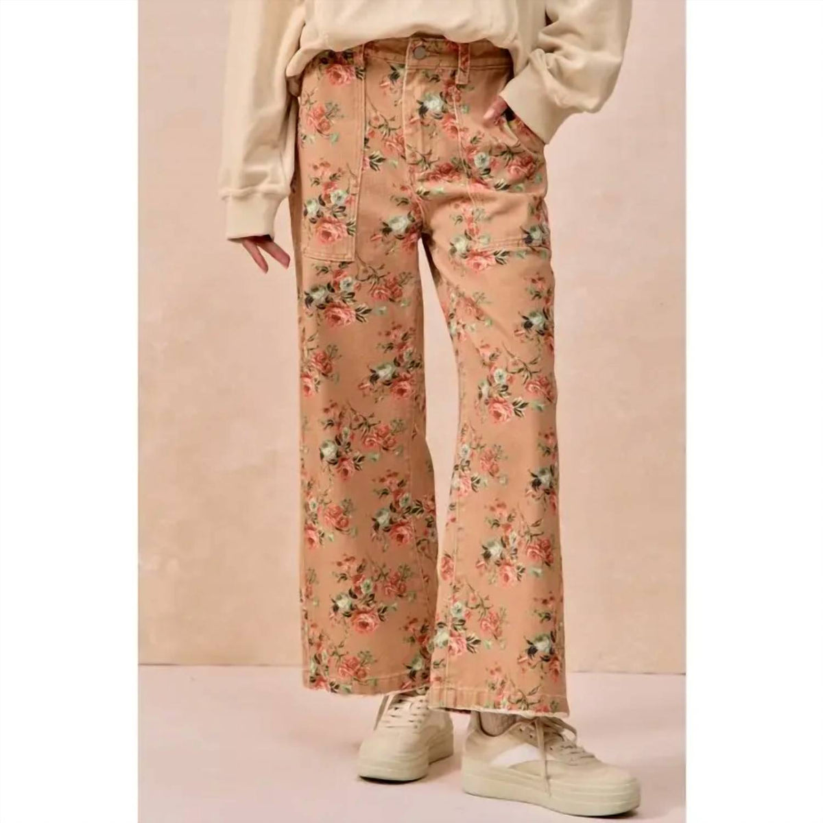 Bibi - Washed Flower Printed Wide Jeans