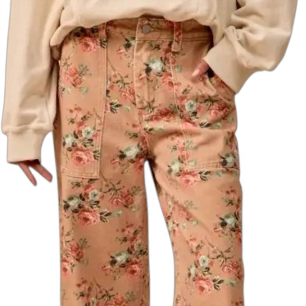 Bibi - Washed Flower Printed Wide Jeans