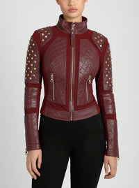 Blanc Noir - Pyramid Stud Mesh Genuine Leather Moto Jacket