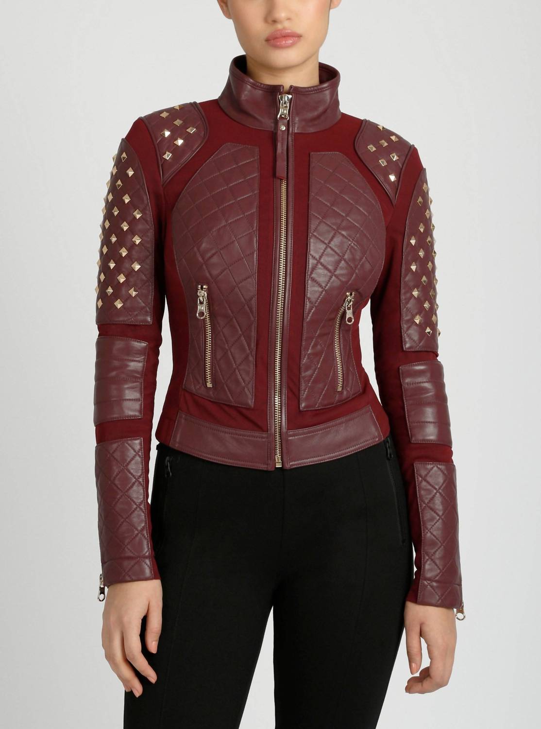 Blanc Noir - Pyramid Stud Mesh Genuine Leather Moto Jacket