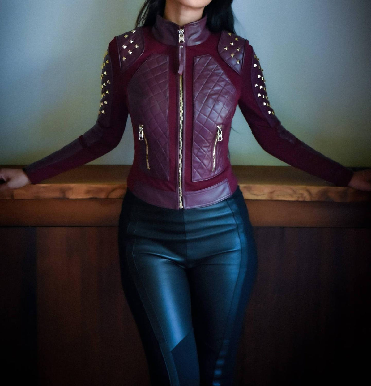 Blanc Noir - Pyramid Stud Mesh Genuine Leather Moto Jacket