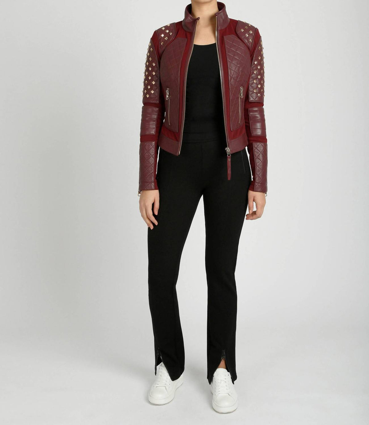 Blanc Noir - Pyramid Stud Mesh Genuine Leather Moto Jacket