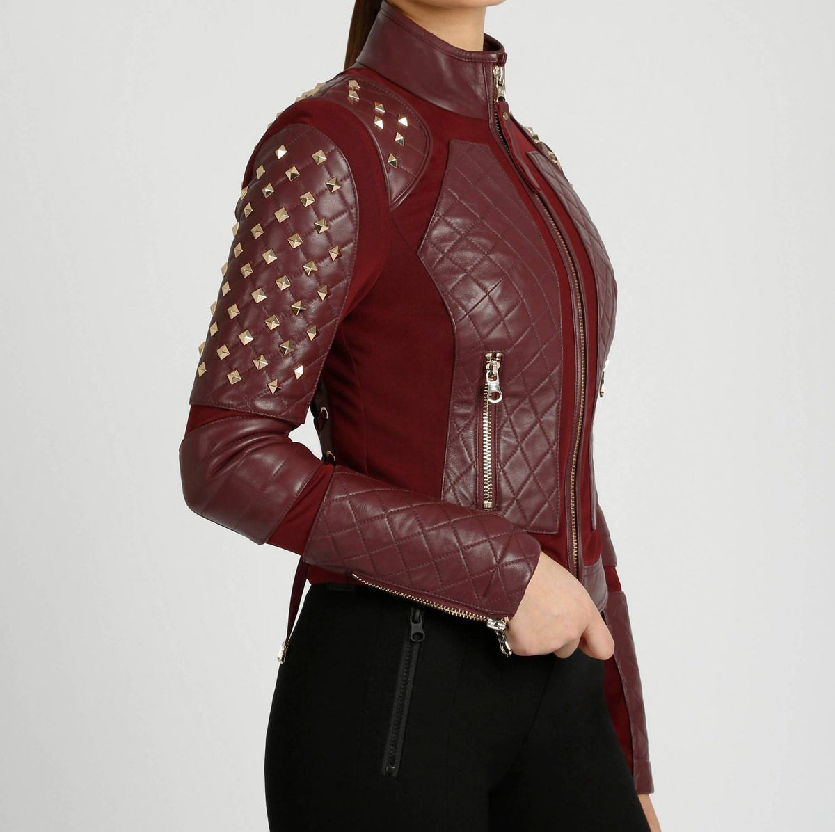 Blanc Noir - Pyramid Stud Mesh Genuine Leather Moto Jacket