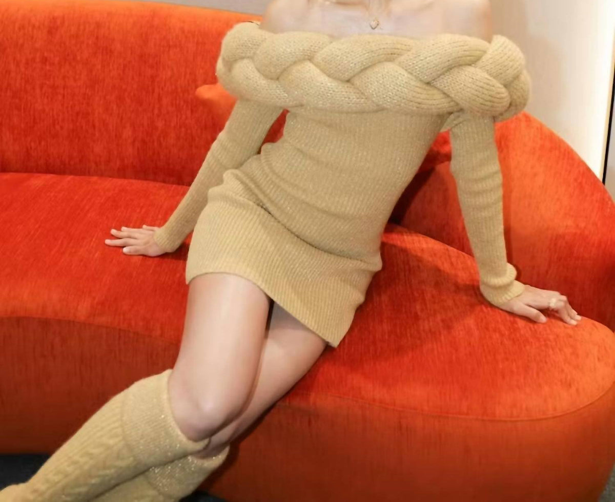 Blithe - Off-shoulder Braided Knit Dress