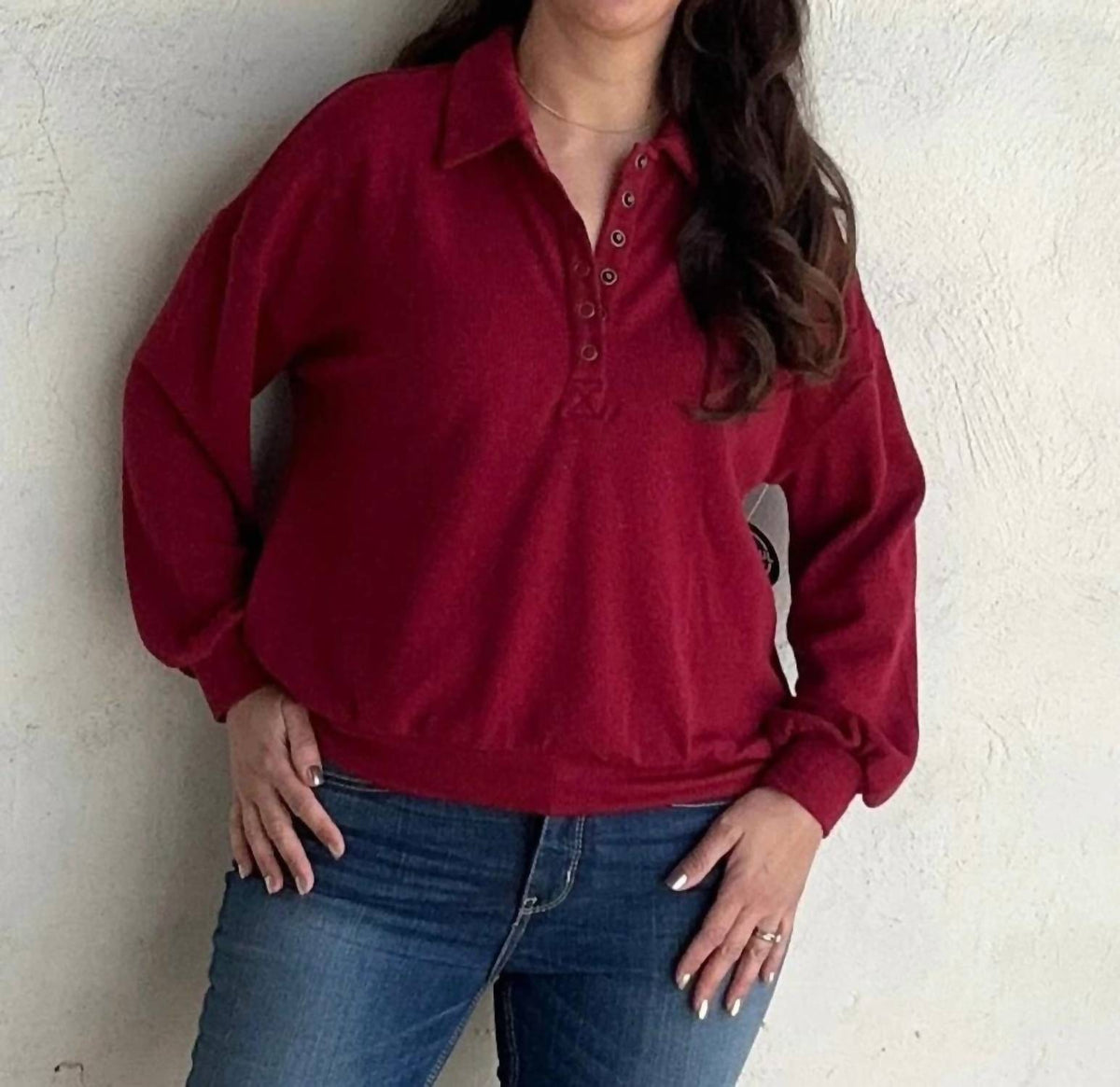 Blu Pepper - Collared Half Snap Knit Long Sleeve Sweatshirt